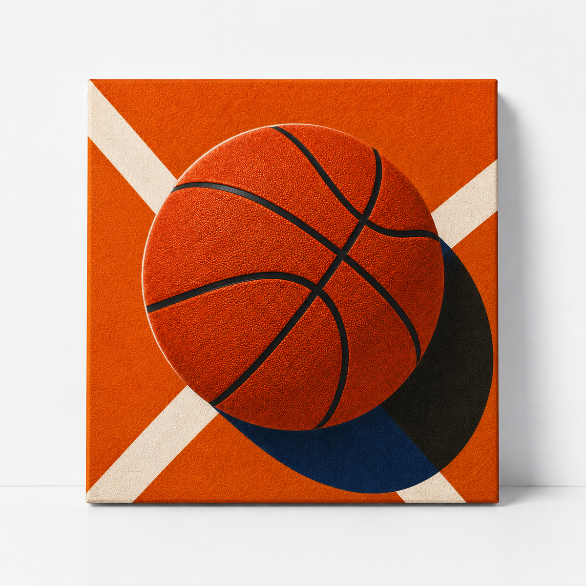 A square canvas wall art print featuring a stylized basketball design in orange, black, white, and blue, shown against a clean white background.