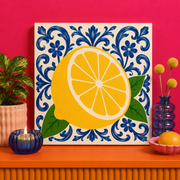 Amalfi Lemon Bedazzle Kit featuring a vibrant lemon on traditional blue Mediterranean tiles on a 20x20cm DIY rhinestone art canvas.