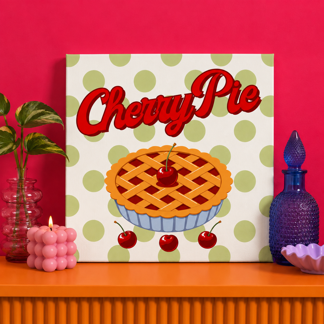 Cherry Pie Bedazzle Kit featuring retro cherry pie artwork on a 20x20cm DIY rhinestone art canvas.