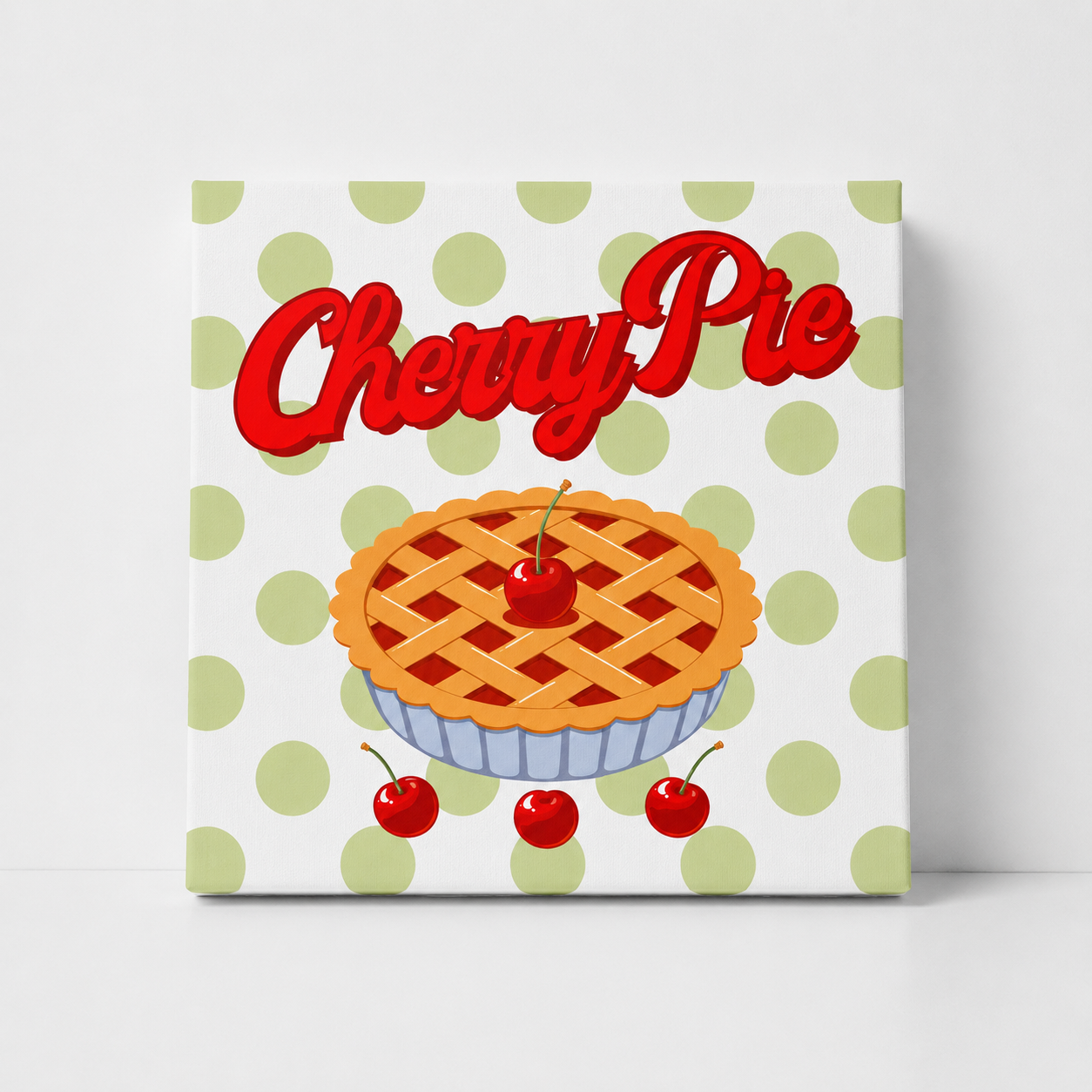 A square decorative sign or canvas featuring a retro-style illustration of a cherry pie on a white background with light green polka dots. The words 'Cherry Pie' are written in large red script across the top.