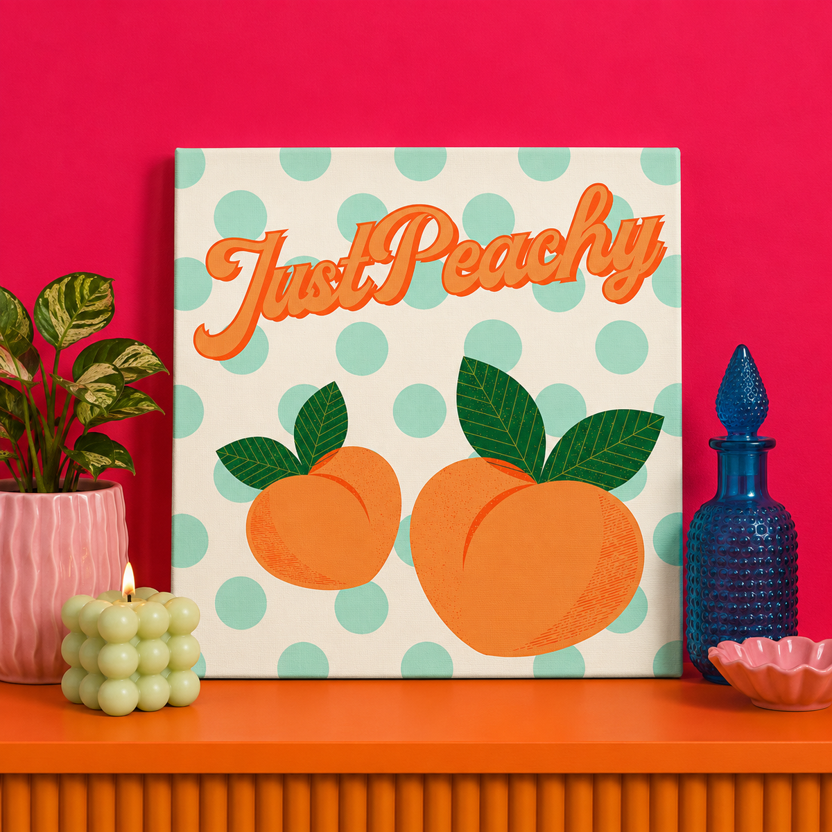 Just Peachy Bedazzle Kit featuring retro peach artwork with playful typography on a 20x20cm DIY rhinestone art canvas.