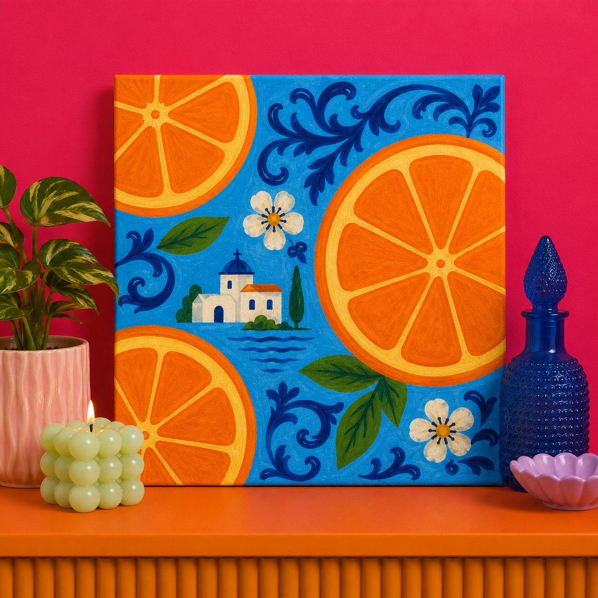 Mediterranean Orange Bedazzle Kit featuring vibrant oranges, blue Mediterranean tiles and a coastal village on a 20x20cm DIY rhinestone art canvas.