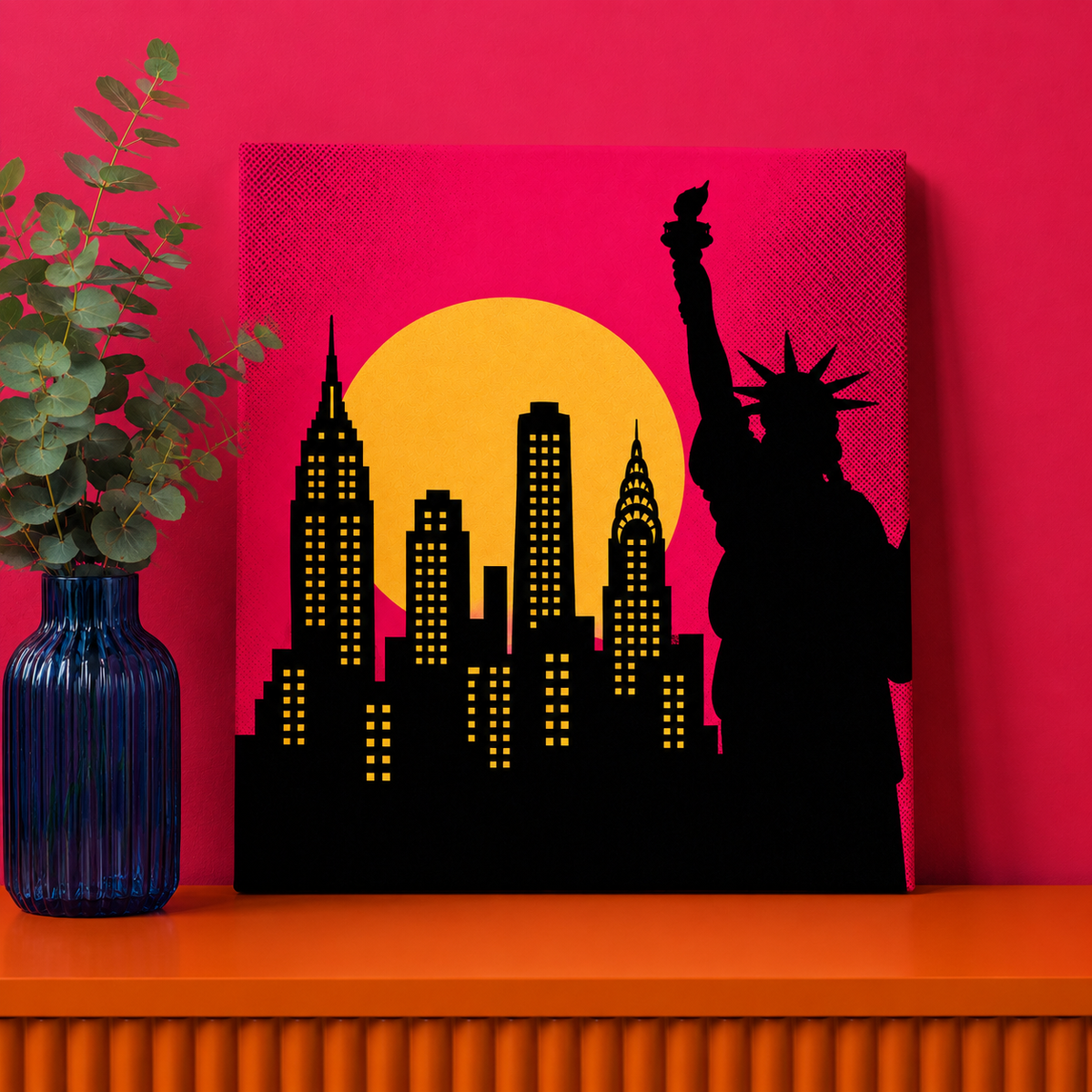 New York Skyline Bedazzle Kit featuring the Statue of Liberty and iconic Manhattan skyline on a 20x20cm DIY rhinestone art canvas.
