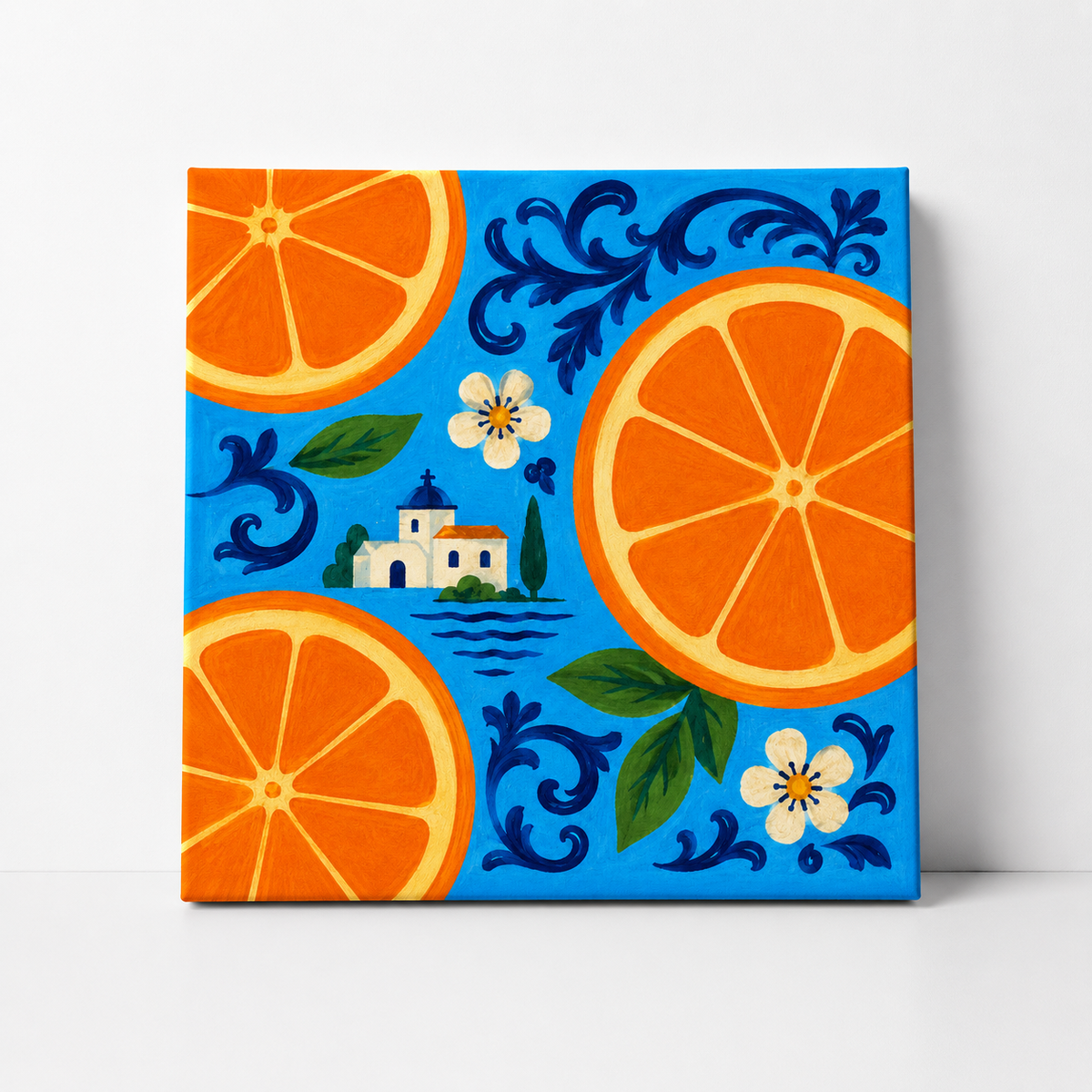 A square decorative tile or coaster featuring a vibrant orange and blue pattern with large orange slices, white flowers, green leaves, and a small white building on a bright blue background.