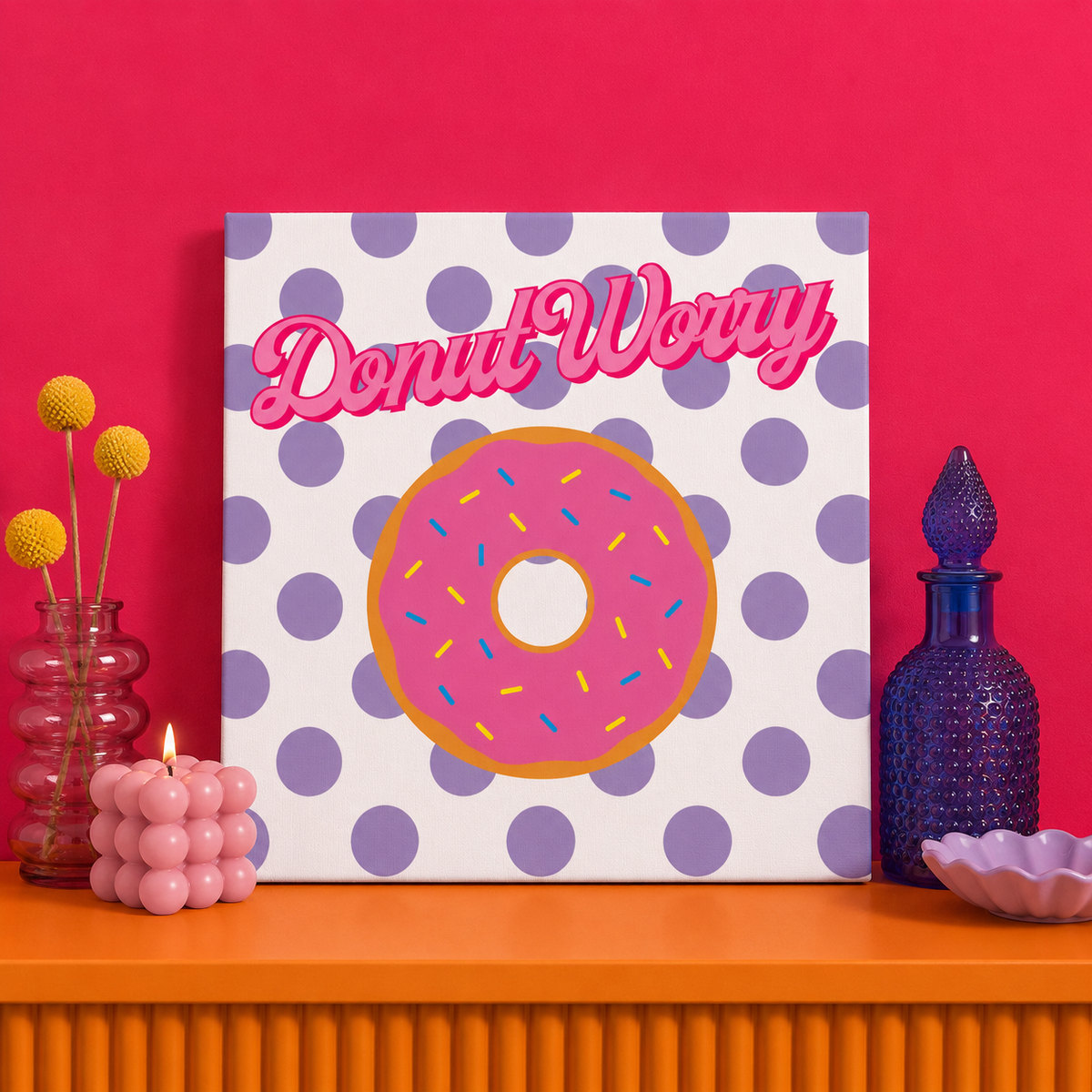 Donut Worry Bedazzle Kit featuring a retro pink doughnut with colourful sprinkles on a 20x20cm DIY rhinestone art canvas.