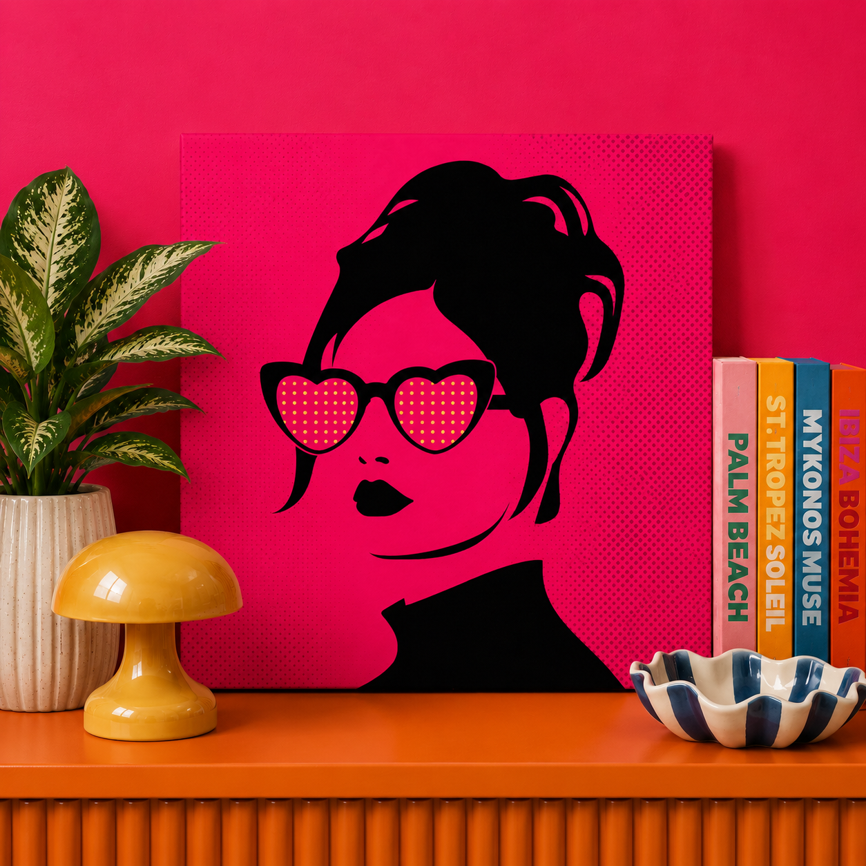 Fashion Sunglasses Bedazzle Kit featuring a stylish woman wearing heart-shaped sunglasses on a 20x20cm DIY rhinestone art canvas.