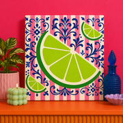 Pink Lime Bedazzle Kit featuring vibrant lime slices on pink Mediterranean-inspired tiles on a 20x20cm DIY rhinestone art canvas.