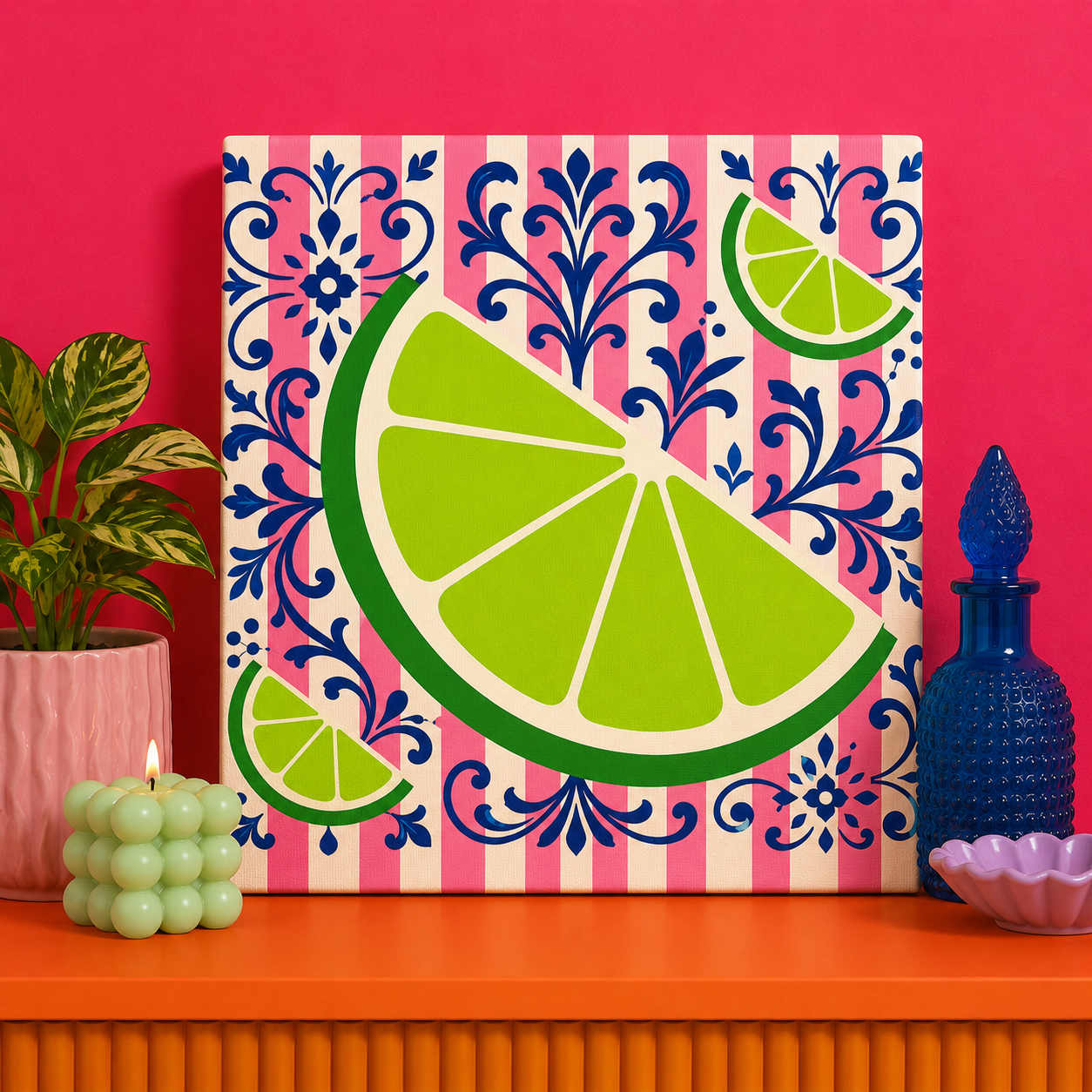 Pink Lime Bedazzle Kit featuring vibrant lime slices on pink Mediterranean-inspired tiles on a 20x20cm DIY rhinestone art canvas.