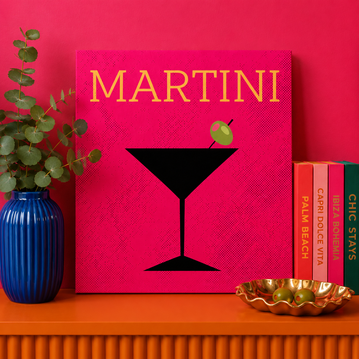 Martini Bedazzle Kit featuring a bold pop art martini glass design on a 20x20cm DIY rhinestone art canvas