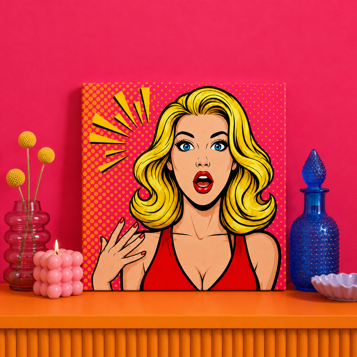 Pop Art Blonde Surprise Bedazzle Kit featuring a retro comic-style blonde woman on a 20x20cm DIY rhinestone art canvas.