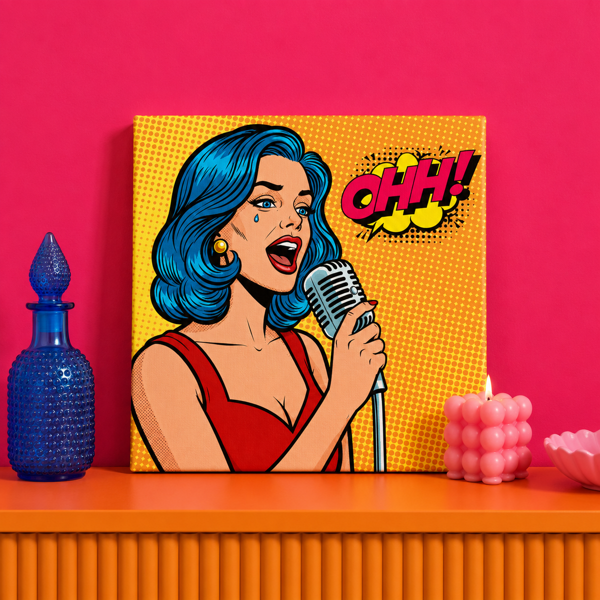 Pop Art Singer Bedazzle Kit featuring a retro comic-style woman singing into a microphone on a 20x20cm DIY rhinestone art canvas.