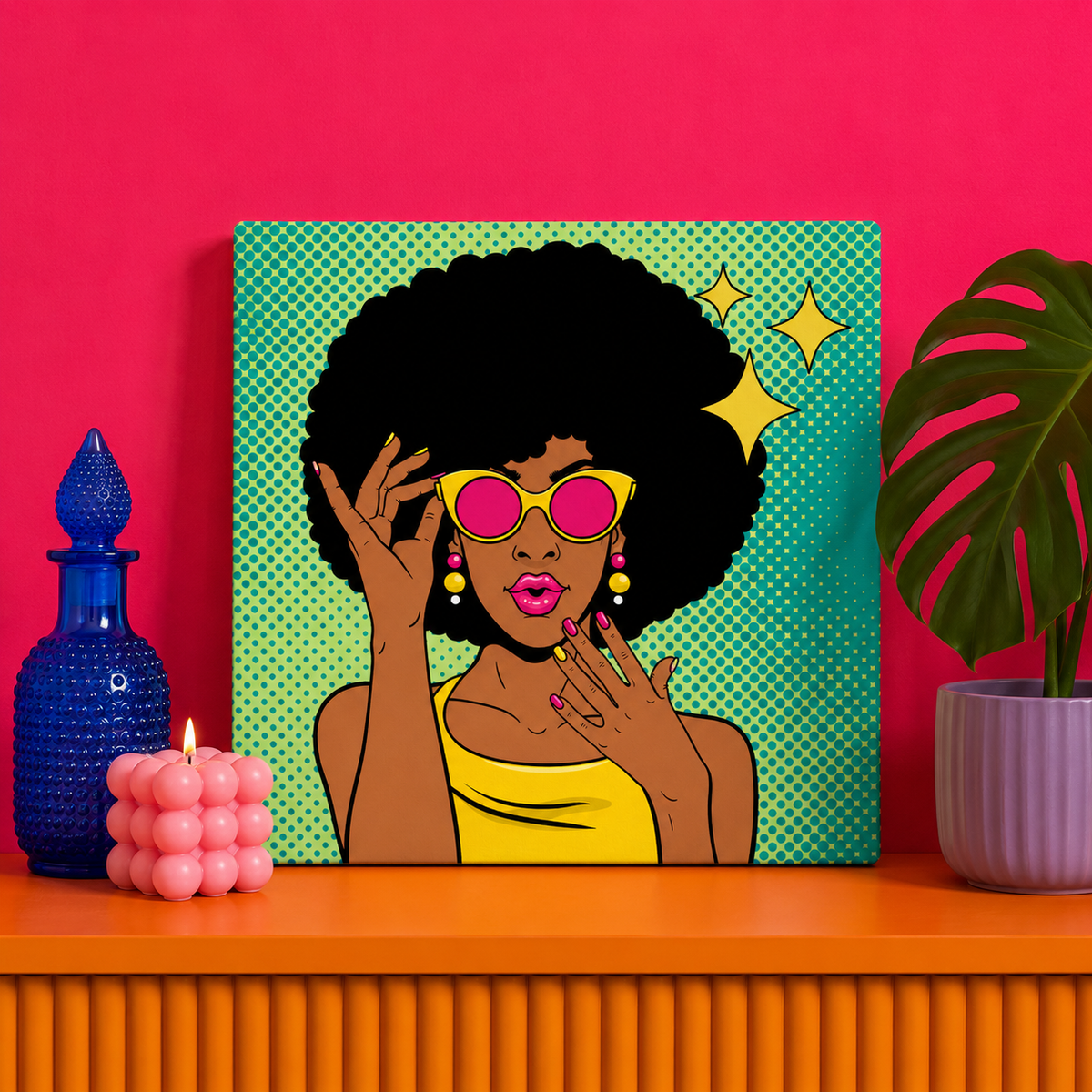 Pop Art Sunglasses Bedazzle Kit featuring a retro-inspired woman wearing heart-shaped sunglasses on a 20x20cm DIY rhinestone art canvas.