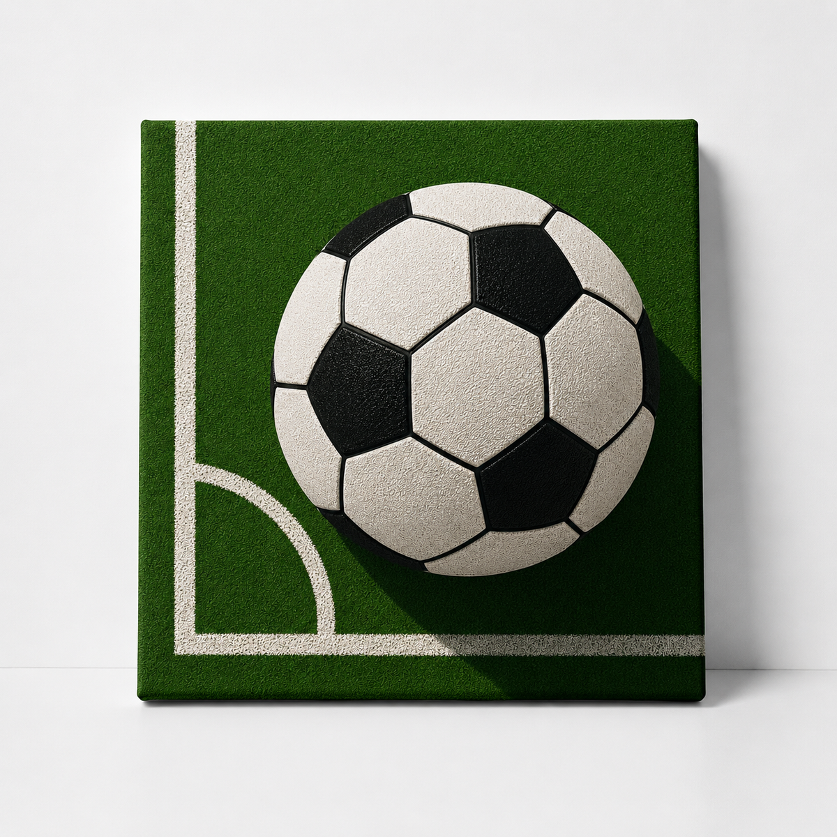 A square canvas wall art print featuring a black and white soccer ball on a green soccer field corner with white boundary lines, shown against a light gray background.