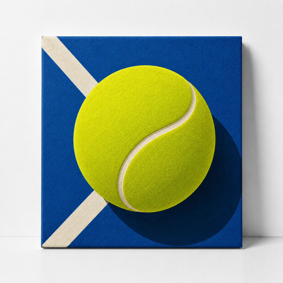 A square canvas wall art print featuring a bright yellow tennis ball on a blue background with a white diagonal stripe, shown leaning against a light gray wall.