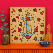 Traditional Anchor Bedazzle Kit featuring a vintage tattoo-style anchor with heart, flowers and classic tattoo flash details on a 20x20cm DIY rhinestone art canvas.