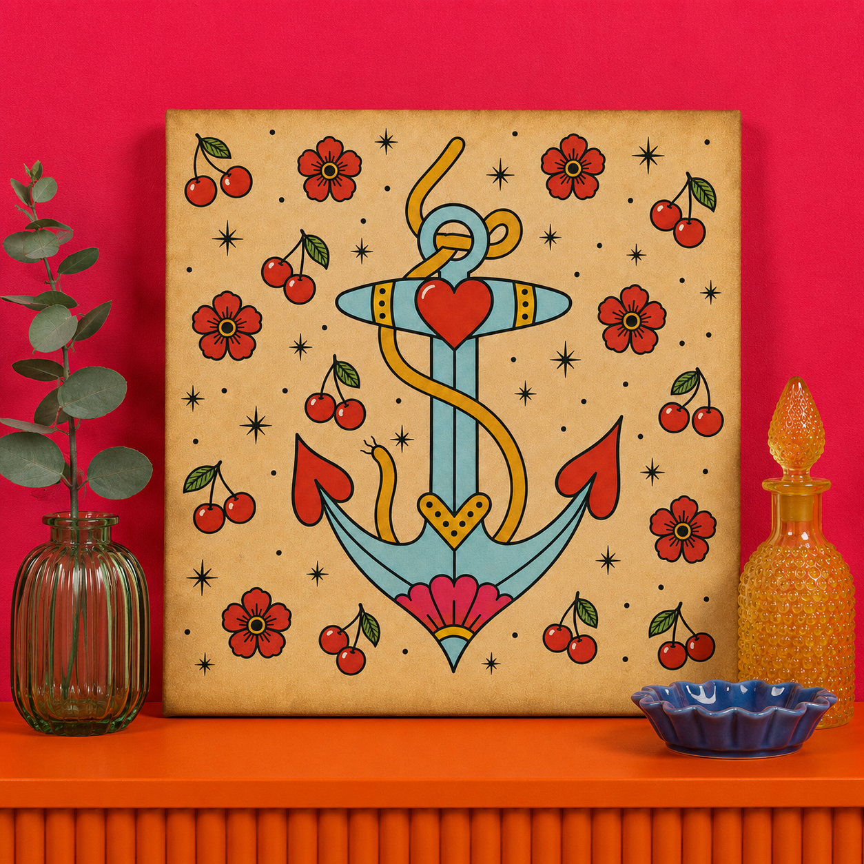Traditional Anchor Bedazzle Kit featuring a vintage tattoo-style anchor with heart, flowers and classic tattoo flash details on a 20x20cm DIY rhinestone art canvas.