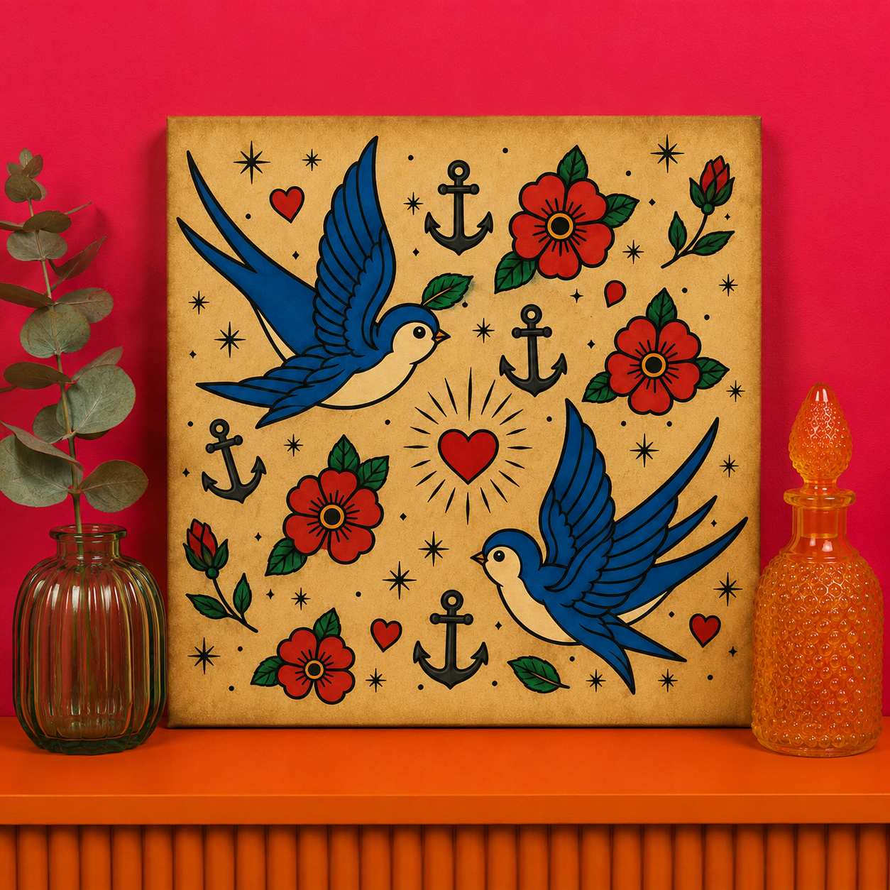 Traditional Swallow Bedazzle Kit featuring vintage tattoo-inspired swallows, anchors, flowers and hearts on a 20x20cm DIY rhinestone art canvas.