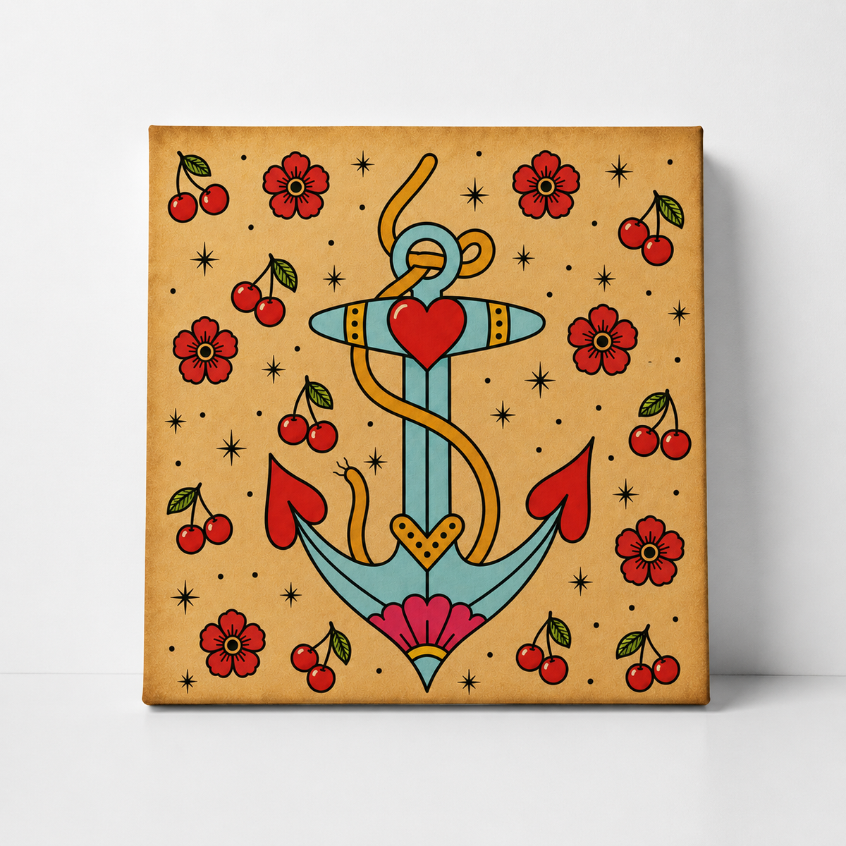 A square canvas print featuring a traditional tattoo-style design with a light blue anchor, red hearts, cherries, and flowers on a tan background, displayed against a white wall.