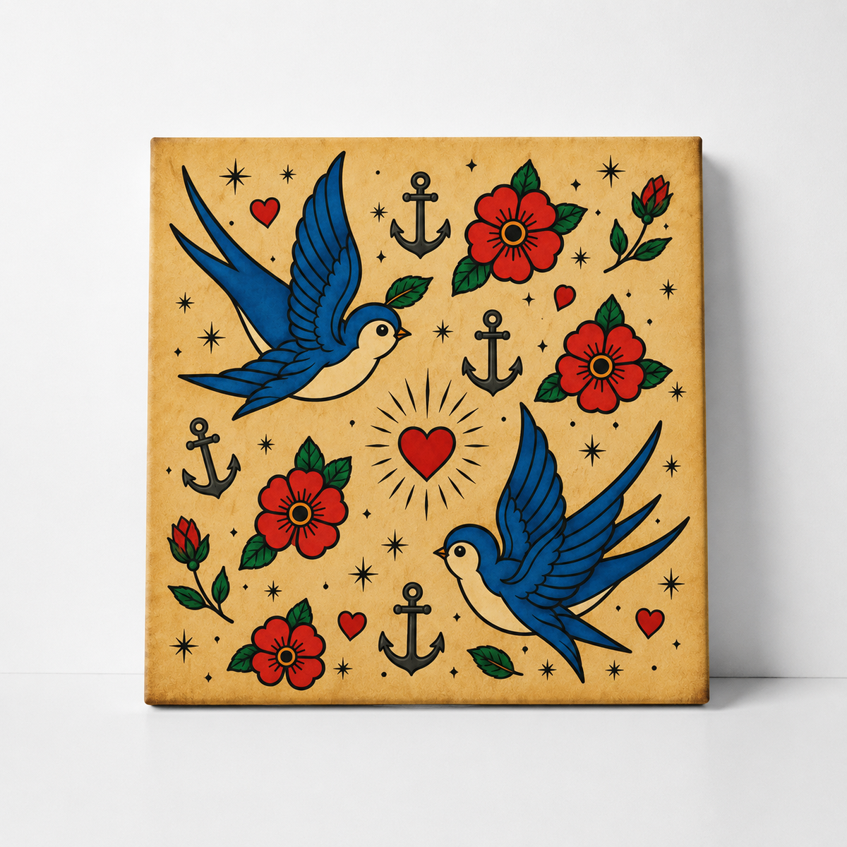A square canvas print featuring a traditional tattoo-style design with two blue birds, red flowers, black anchors, and red hearts on a warm beige background, displayed against a clean white wall.