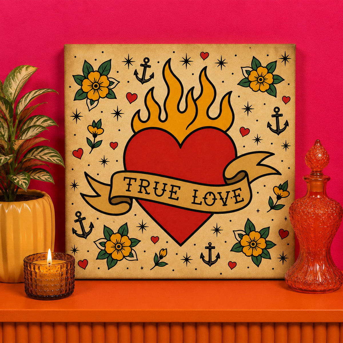 True Love Heart Bedazzle Kit featuring a traditional tattoo-style flaming heart with banner, flowers and vintage tattoo flash details on a 20x20cm DIY rhinestone art canvas.