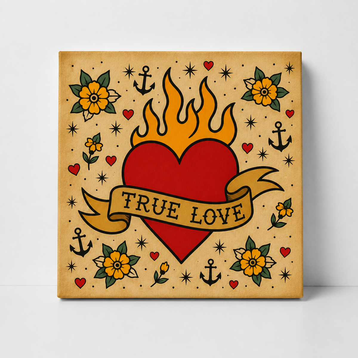 A square canvas wall art print featuring a traditional tattoo-style design with a red heart, yellow flames, black anchors, yellow flowers, and a beige banner reading 'TRUE LOVE' against a warm tan background.